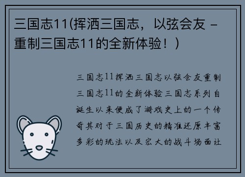 三国志11(挥洒三国志，以弦会友 - 重制三国志11的全新体验！)